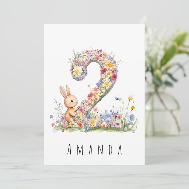 Second Birthday Floral Bunny Card (Standing Front)