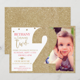 Second Birthday Gold Glitter & Pink Invitation