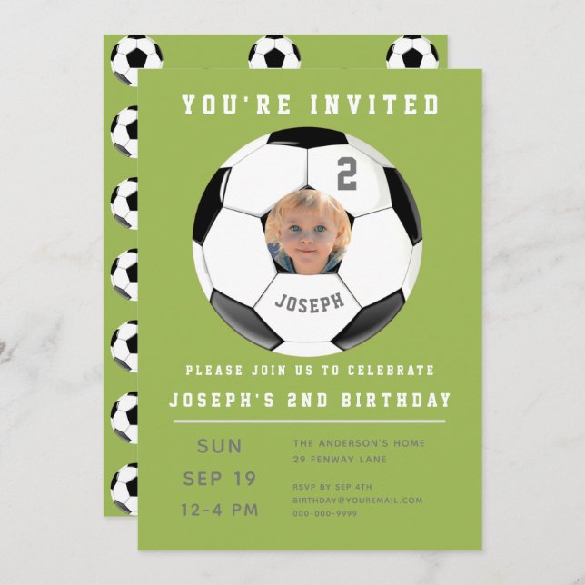 Second Birthday Green Photo Soccer Invitation (Front/Back)