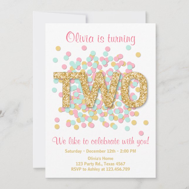Second Birthday Invitation Girl Pink Gold Mint Two (Front)