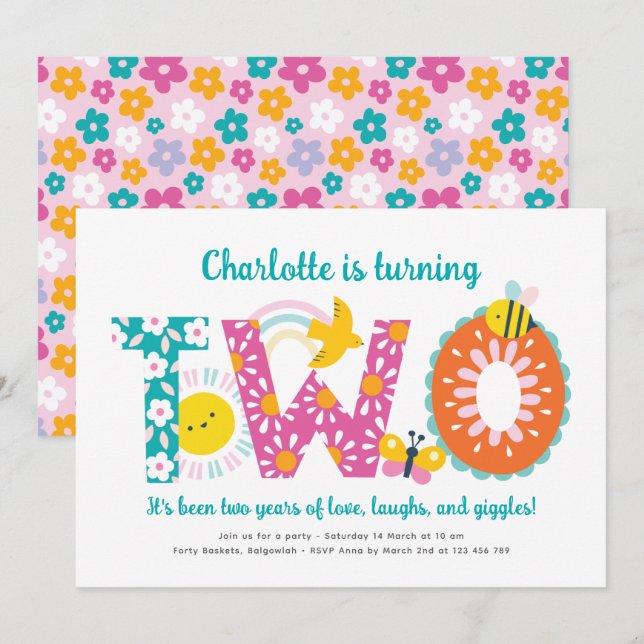 Second Birthday Invite Girl, Fun Spring Birthday (Front/Back)