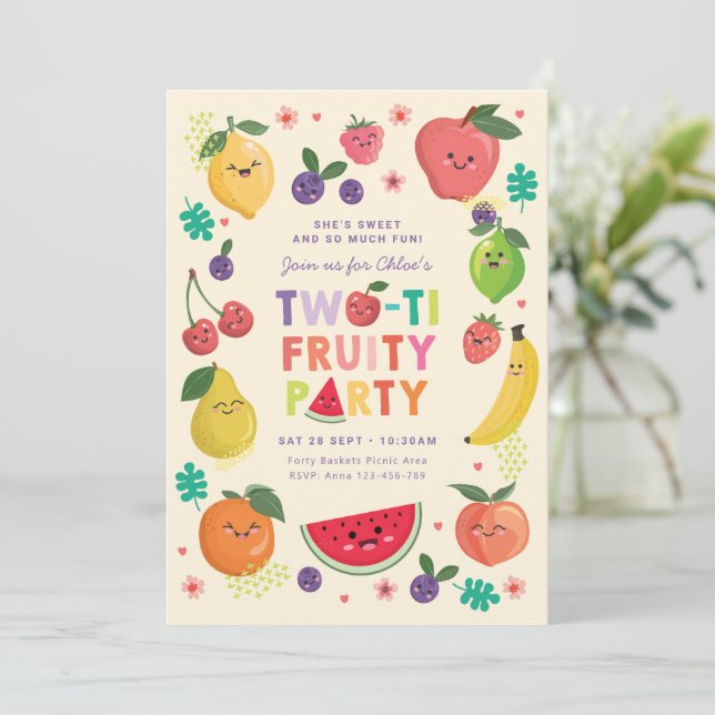 Second Birthday Invite, Two-ti Fruity Party Girl Invitation (Standing Front)