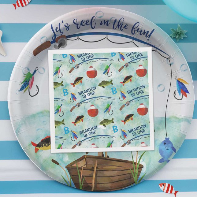 Second birthday o-fish-ally fishing themed party napkin (O fish ally one, boy 1st birthday fishing themed, birthday nakins.)