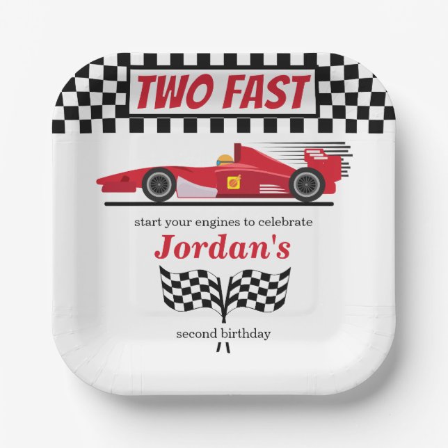 Second Birthday Red Race Car Two Fast Paper Plate (Front)