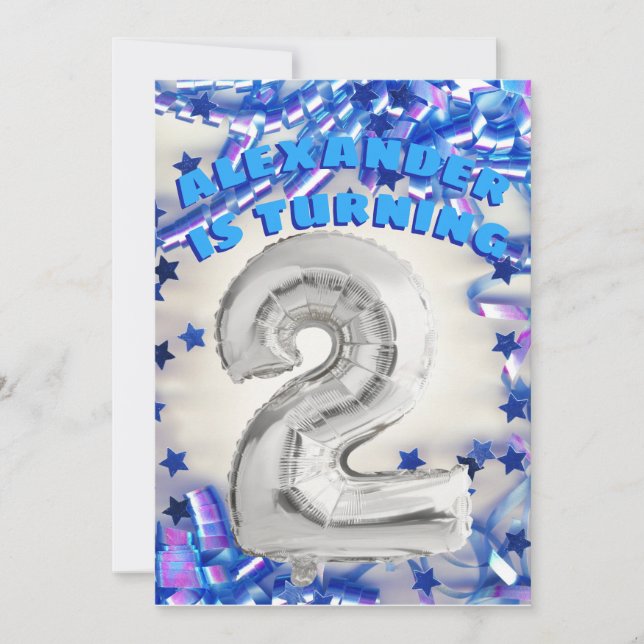Second Birthday Silver and Blue Age 2 Boys Party Invitation (Front)