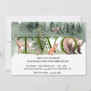 Second Birthday Woodland Bear Deer Watercolor Invitation