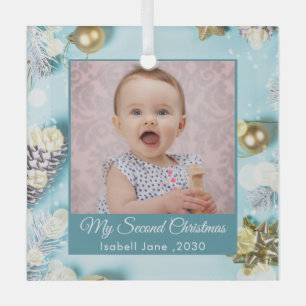 Second Christmas Custom Family Photo Text blue Glass Tree Decoration
