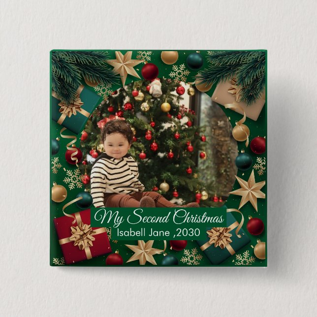 Second Christmas Custom Family Photo Text Template 15 Cm Square Badge (Front)