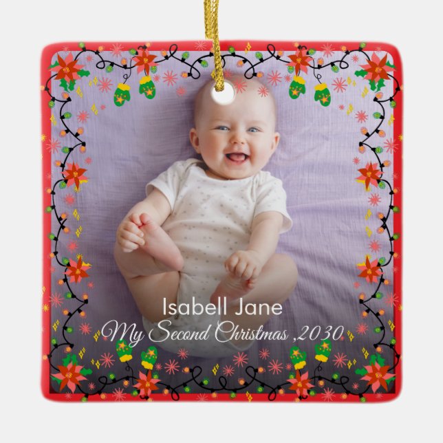 Second Christmas Custom Family Photo Text Template Ceramic Ornament (Front)
