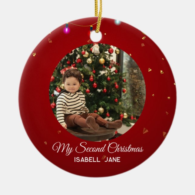 Second Christmas Custom Family Photo Text Template Ceramic Tree Decoration (Front)