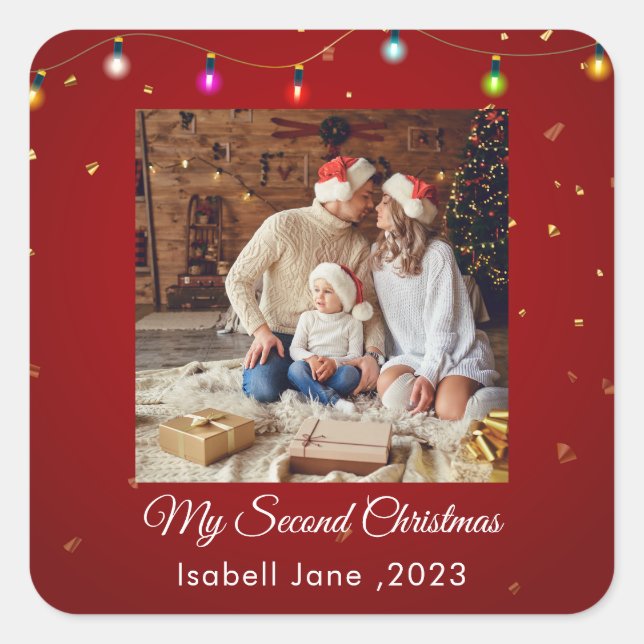 Second Christmas Custom Family Photo Text Template Square Sticker (Front)