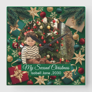 Second Christmas Custom Family Photo Text Template Square Wall Clock