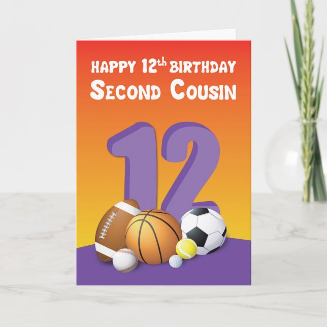 Second Cousin Girl 12th Birthday Sports Balls Card (Front)