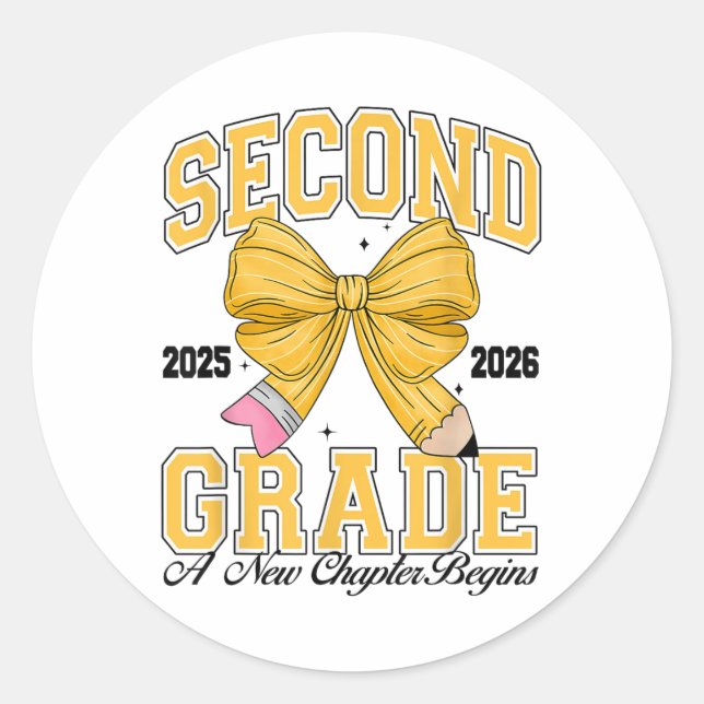 Second Grade Back To School First Day Pencil Bow 2 Classic Round Sticker (Front)