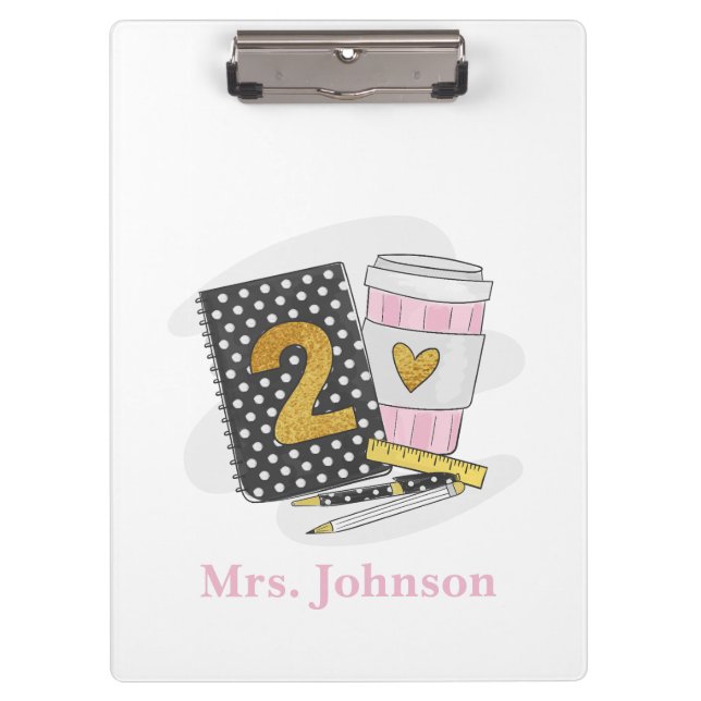 Second Grade Teacher Black Preppy Notebook Coffee Clipboard (Front)