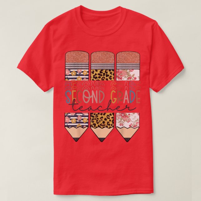 Second Grade Teacher Funny Leopard Pencil Back To  T-Shirt (Design Front)