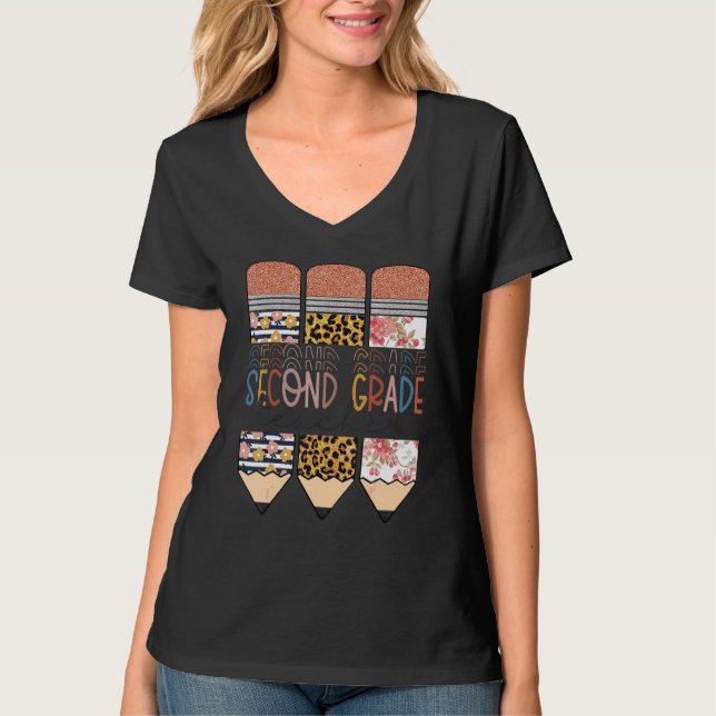 Second Grade Teacher  Leopard Pencil Back To Schoo T-Shirt (Front)