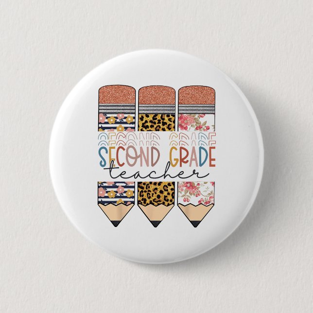 Second Grade Teacher Leopard Pencil First Day Of S 6 Cm Round Badge (Front)