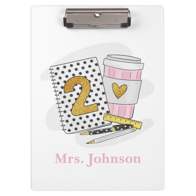 Second Grade Teacher White Preppy Notebook Coffee Clipboard (Front)