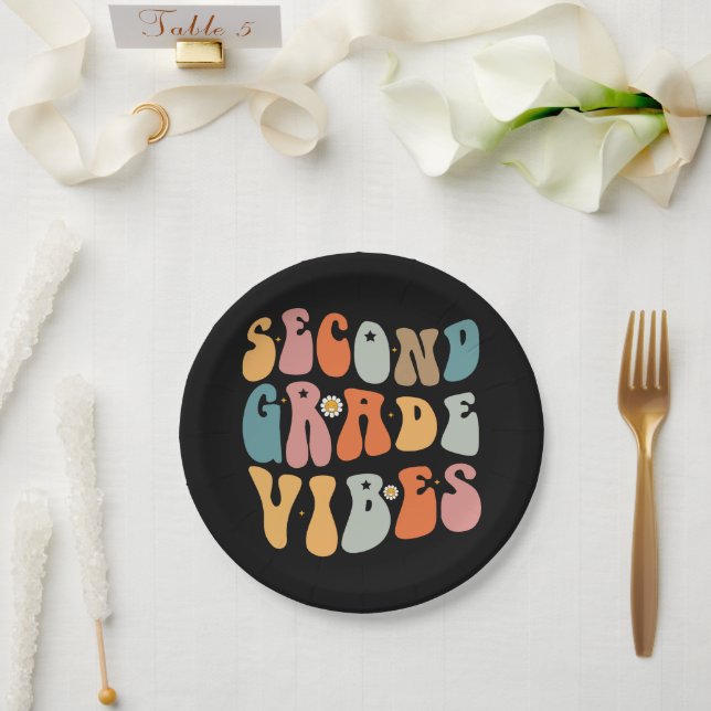 Second Grade Vibes Back To School Groovy School  Paper Plate (Wedding)