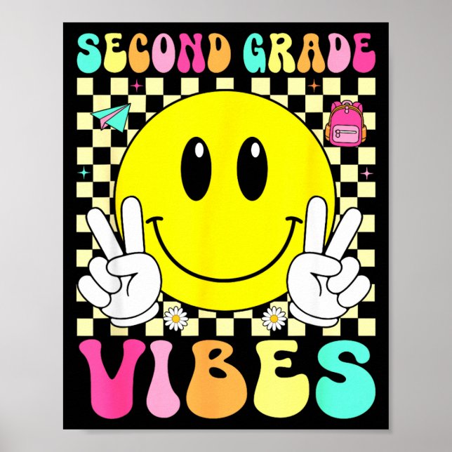 Second grade vibes retro smile face back to school poster (Front)