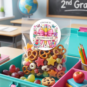 Second Grade Welcome Retro Pencil Classic Round Sticker
