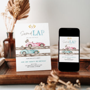 Second Lap Race Car Twins Birthday Invitation 