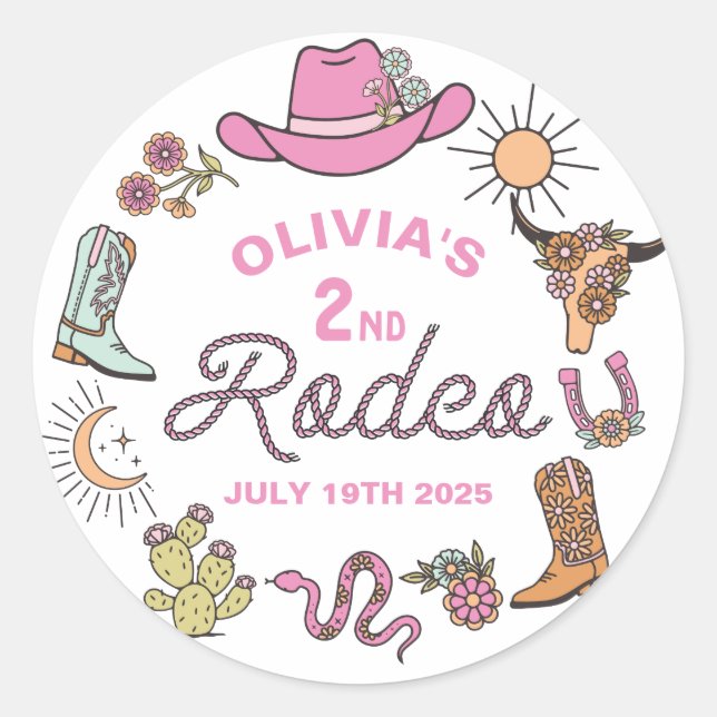 Second Rodeo Pink Western Cowboy 2nd Birthday Classic Round Sticker (Front)