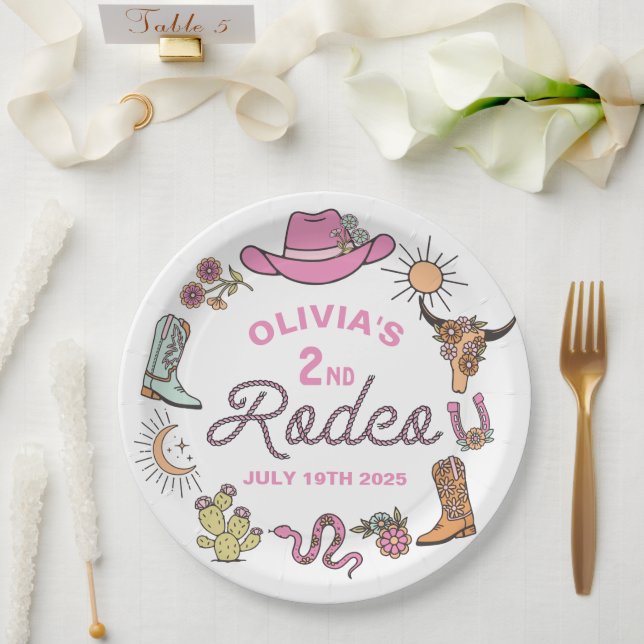 Second Rodeo Pink Western Cowboy 2nd Birthday Paper Plate (Wedding)