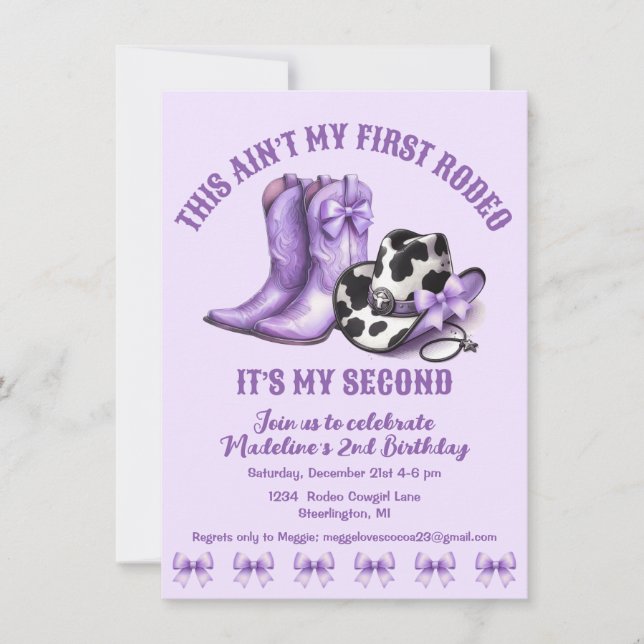 Second Rodeo Western Bows Purple Cowgirl Birthday Invitation (Front)