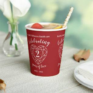 Second Wedding Anniversary line heart garnet red Paper Cups