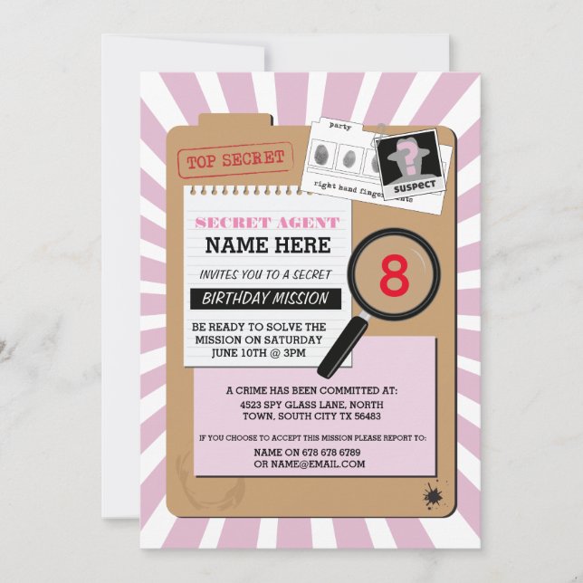 SECRET AGENT DETECTIVE CRIME SPY BIRTHDAY PARTY INVITATION (Front)
