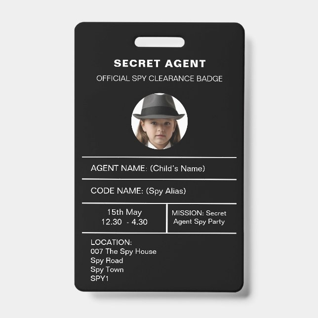 Secret Agent Spy Party identity badge ID Badge (Front)