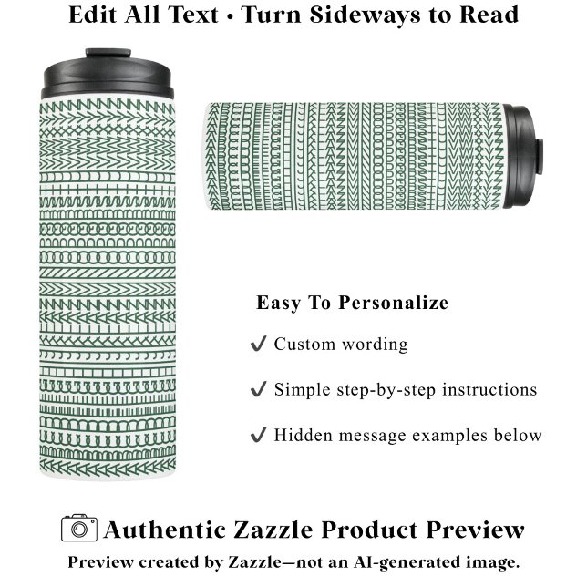 Secret Alphabet Pattern, Personalised Text Green Thermal Tumbler (Creator Uploaded)
