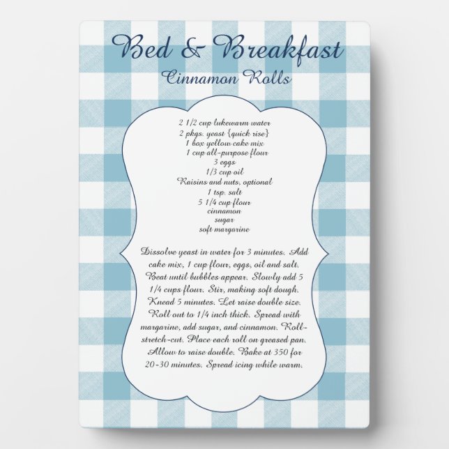 Secret B&B Cinnamon Roll Recipe Blue Buffalo Check Plaque (Front)