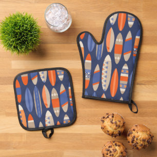 Secret Beach Hawaiian Surfboards Blue and Orange Oven Mitt & Pot Holder Set
