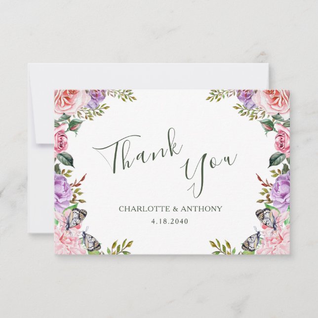 Secret Garden Butterfly Floral Wedding Thank You Card (Front)
