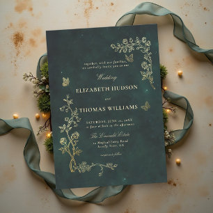 Secret Garden Emerald Green Gold Enchanted Wedding Invitation