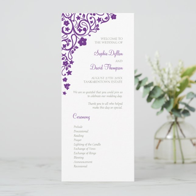 Secret Garden Purple Floral Lovebirds Wedding Programme (Standing Front)