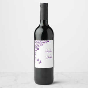 Secret Garden Purple Floral Lovebirds Wedding Wine Label