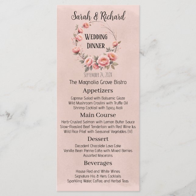 Secret Garden Romantic Peach Floral Wedding Menu (Front)