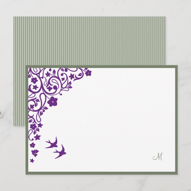 Secret Garden Sage Stripe Script Monogram Note Card (Front/Back)