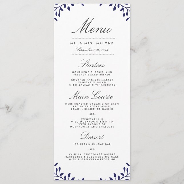 Secret Garden Wedding Dinner Menu - Navy (Front)