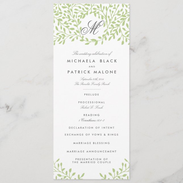 Secret Garden Wedding Programs - Green Programme (Front)