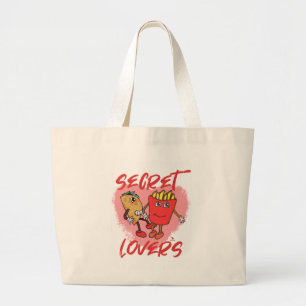Secret Lovers Taco and Fries Cartoon Slogan Large Tote Bag