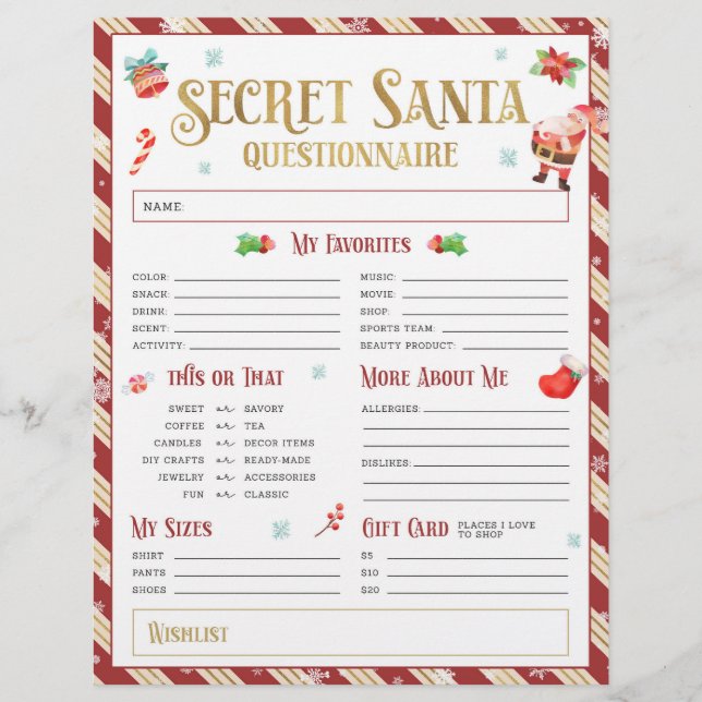 Secret Santa Christmas Gift Exchange Questionnaire Flyer (Front)
