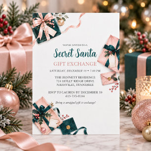Secret Santa Gift Exchange Blush & Teal Christmas Holiday Card