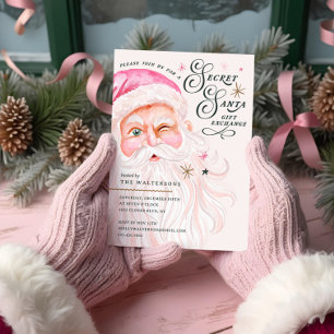Secret Santa Gift Exchange Retro Pink Santa Claus Invitation
