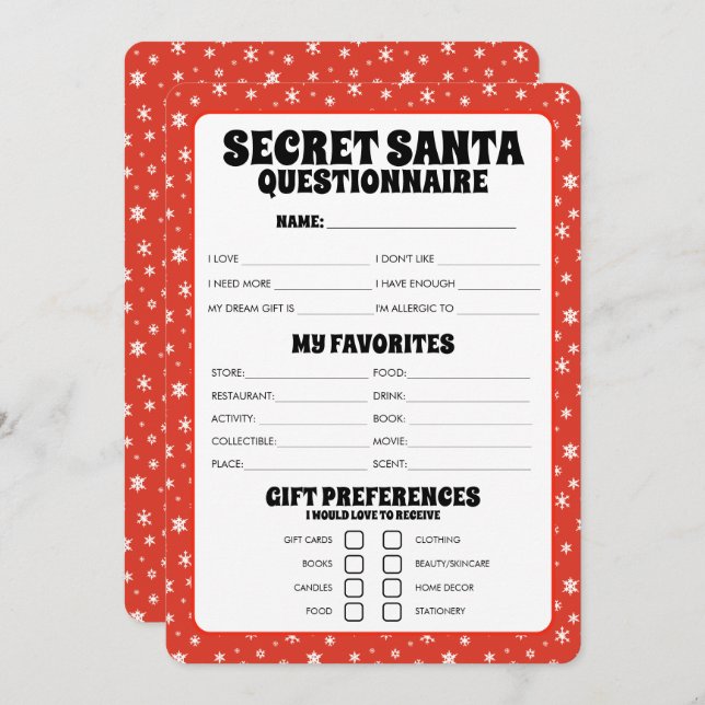 Secret Santa Gift Questionnaire Holiday Card (Front/Back)
