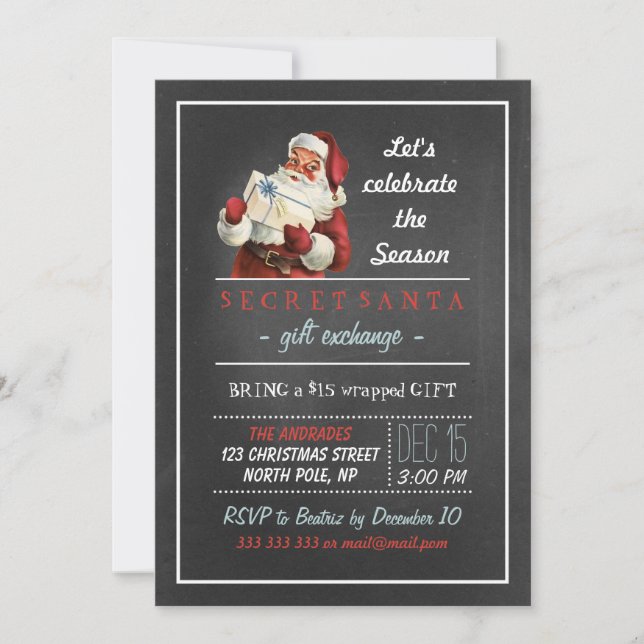 Secret Santa Holiday Party 5x7 Vintage Chalkboard Invitation (Front)